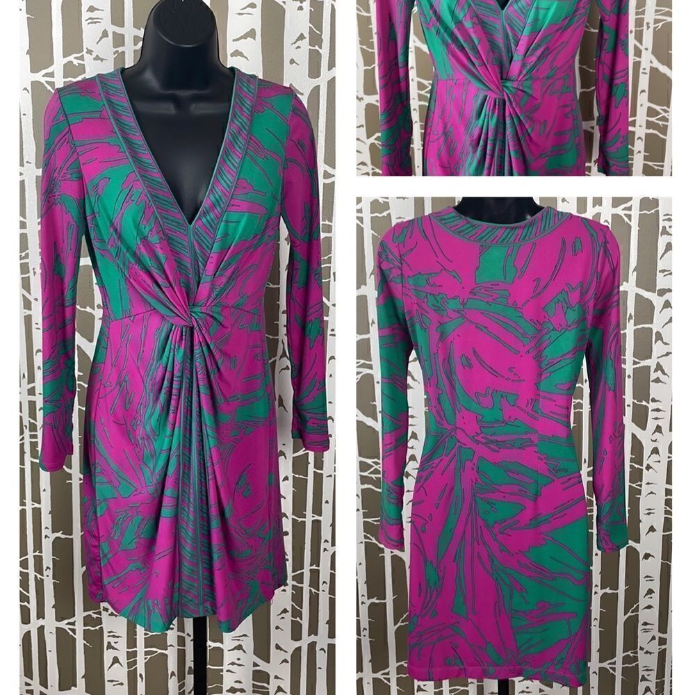BCBG Hot Pink & Kelly Green Faux Knotted Front Dress sz XS